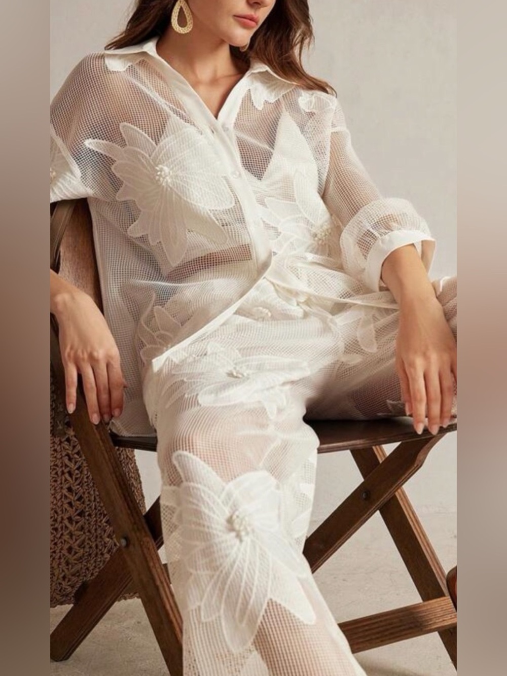 Sheer Floral Embroidered Button-Down Set in white - Picture 3 of 4